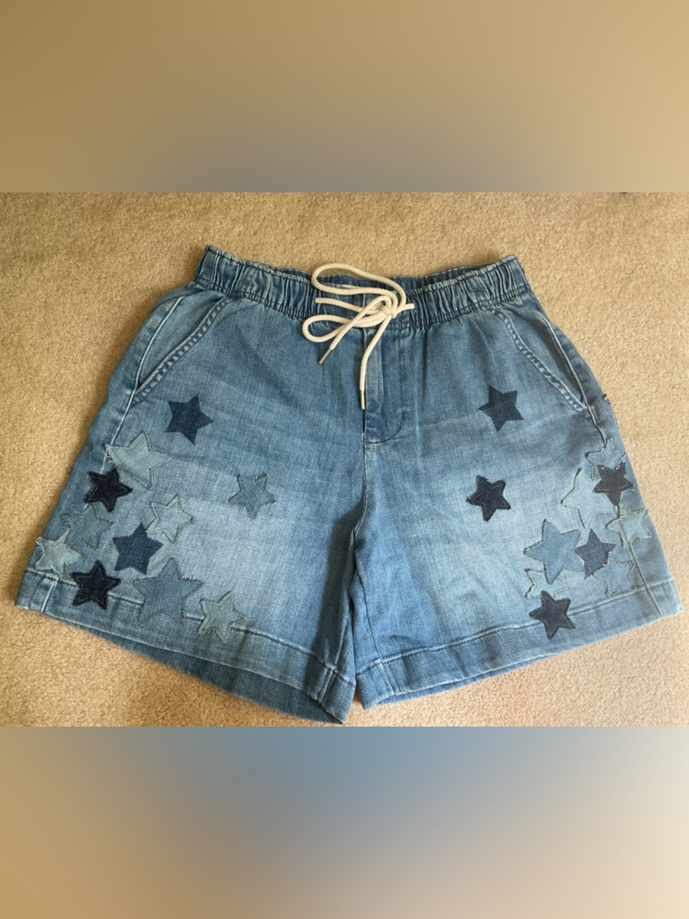 Denim Star Appliqué Drawstring Women’s Shorts - Light Blue 14” waist 5” inseam